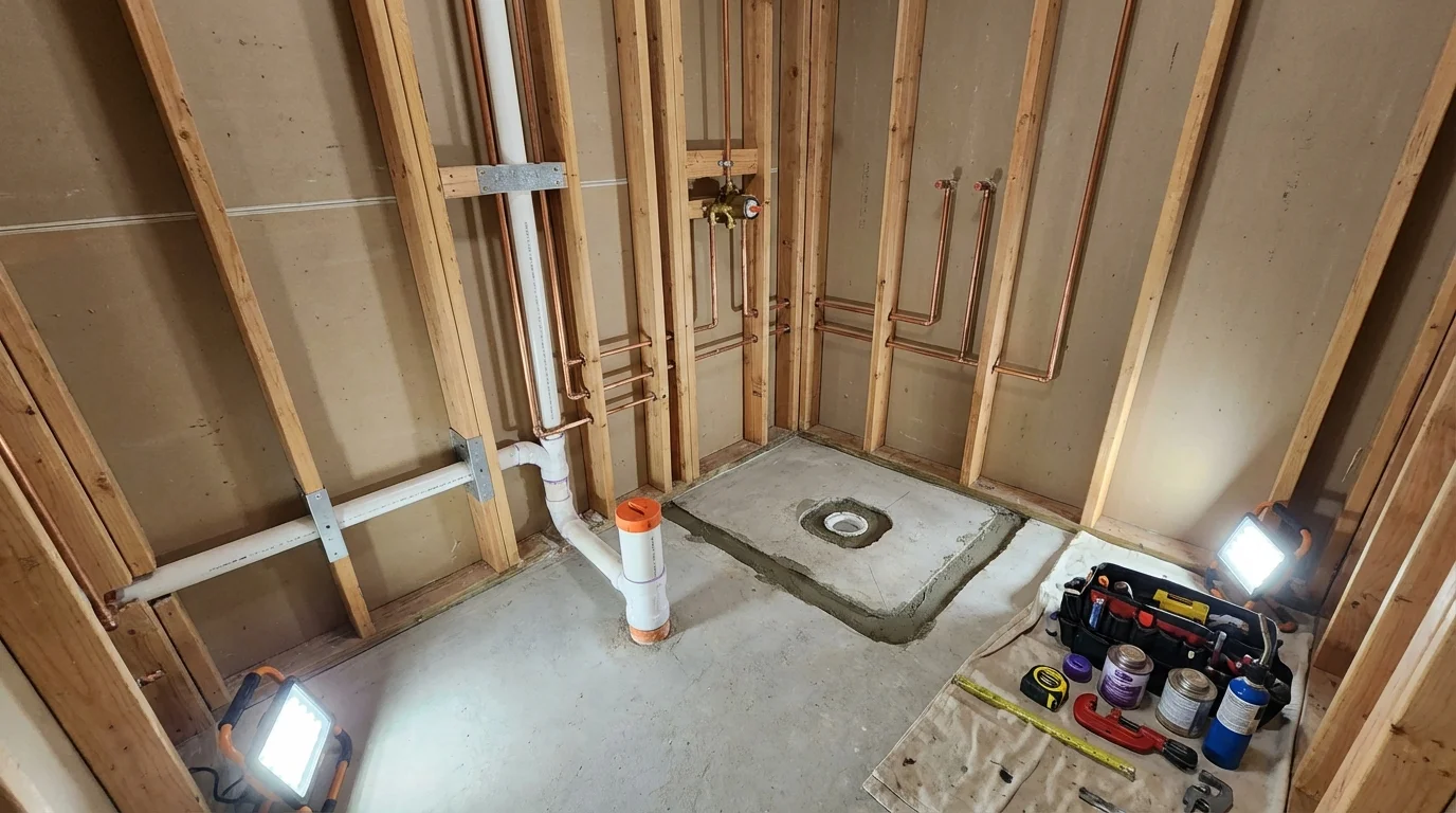 Bathroom rough-in plumbing during remodel by Johns Plumbing LLC in Liberty