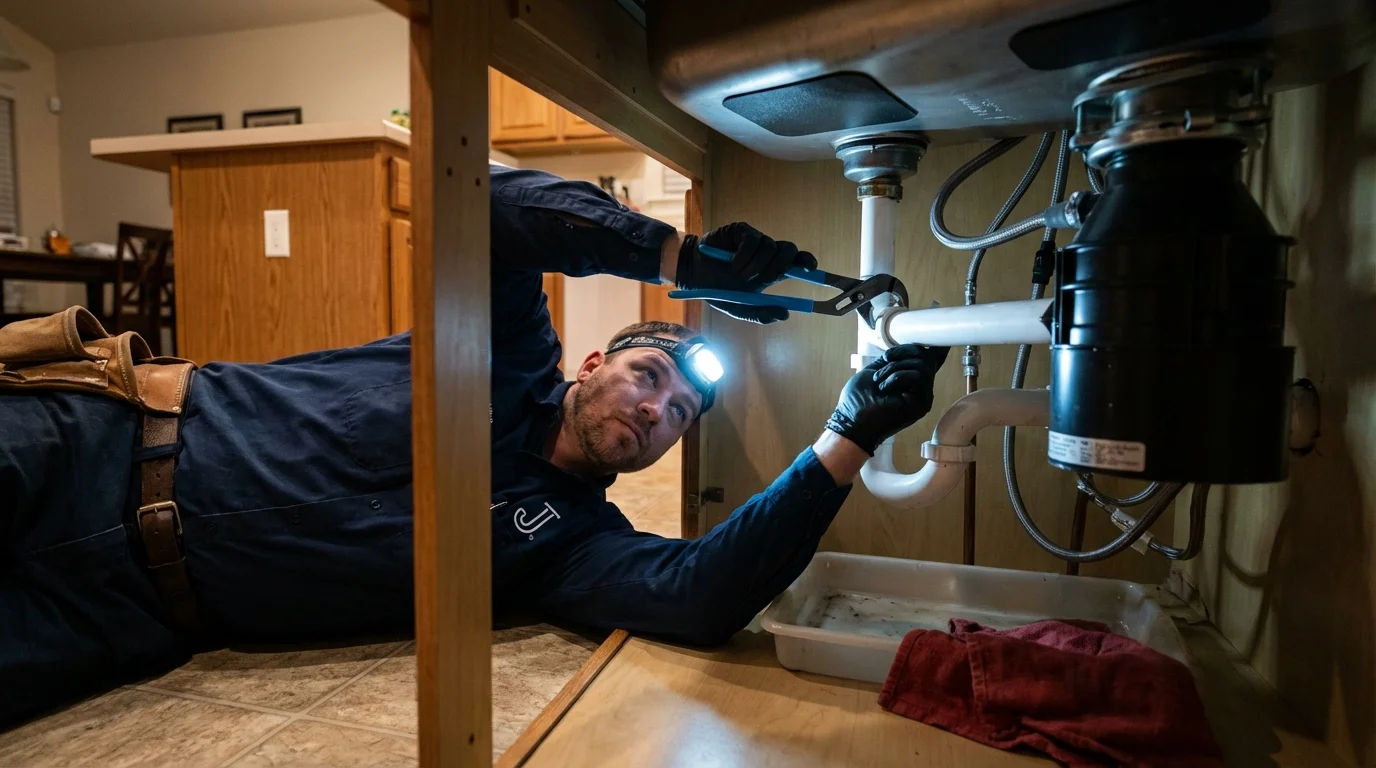 P-trap and supply line connections under a kitchen sink showing a common leak point in Liberty, TX